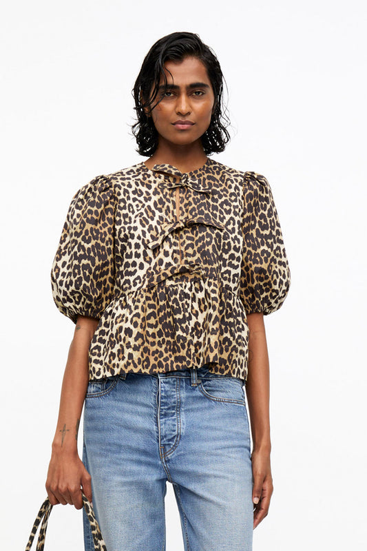 GANNI Leopardblus med knyte