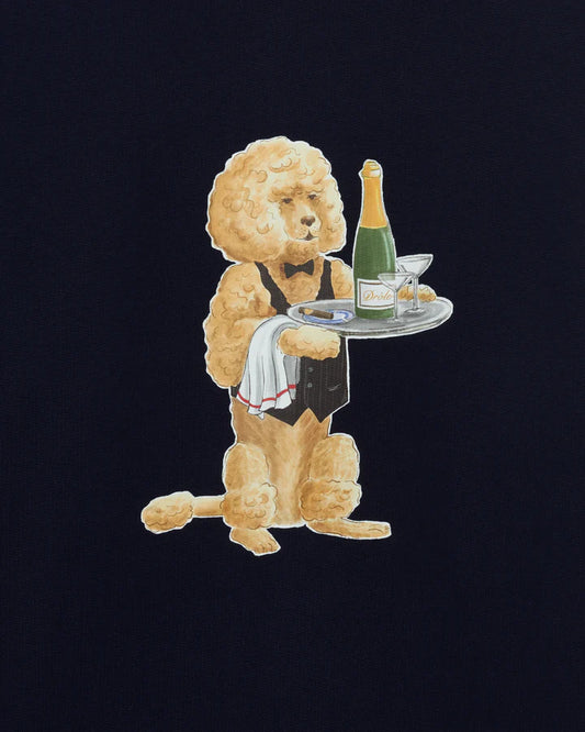 Le Sweatshirt Poodle från Drôle De Monsieur. Marinblå sweatshirt med tryck på bröstet. Hundtryck med champagneflaska 