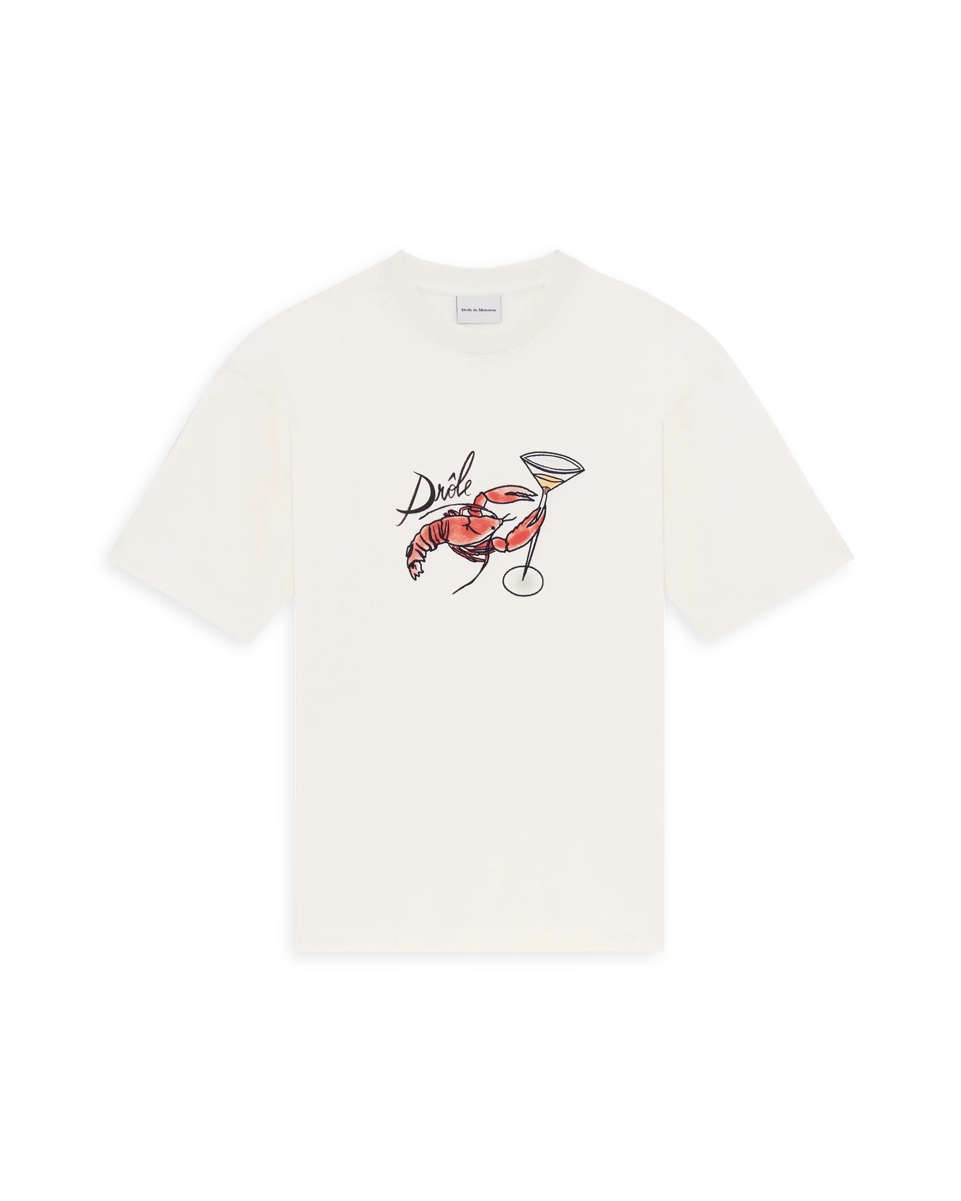Le T-shirt Homard offwhite t-shirt med hummertryck. Broderad Hummer som håller i coktailglas. Brösttryck