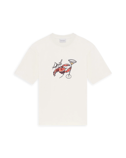 Le T-shirt Homard offwhite t-shirt med hummertryck. Broderad Hummer som håller i coktailglas. Brösttryck